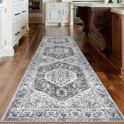KOZYFLY Long Runners for Hallways 3x10 Ft Washable Kitchen Runner Rug Boho Runner Rug for Entryway Indoor Printed Faux Wool Stair Runner Floor Carpet for Stair Kitchen Hall, Grey