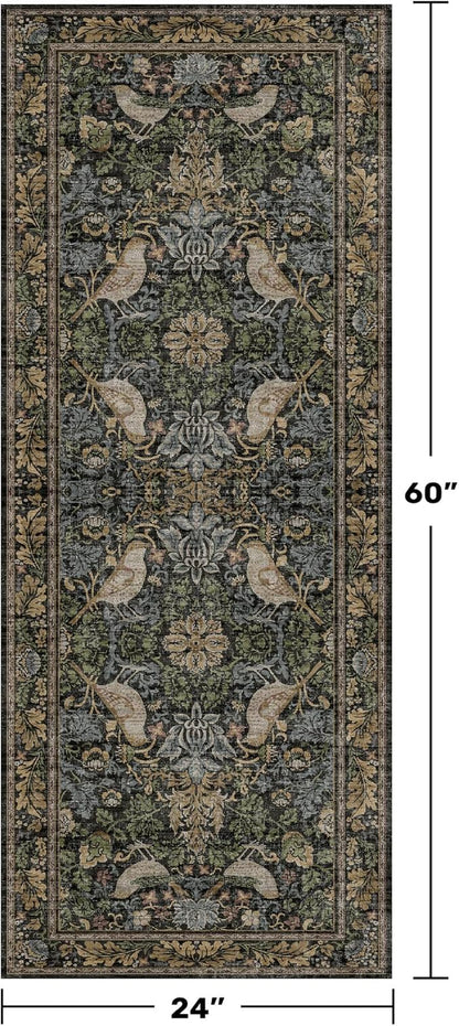 Floral Kitchen Runners - 2x5 Runner Rug for Hallway Bathroom Laundry Room Bedroom Beside Bed Entryway, Boho Birds Leaves Patterned Non Slip Low Pile Washable Rugs