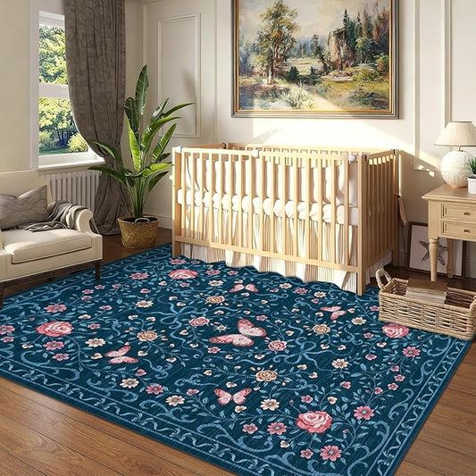 GarveeHome Washable Floral Area Rug 5x7 for Living Room Non Slip Bedroom Rug Soft Stain Resistant Large Dining Room Throw Carpet Low Pile Blue Bow Rugs Butterfly Flower Carpet for Nursery Entry, 5x7