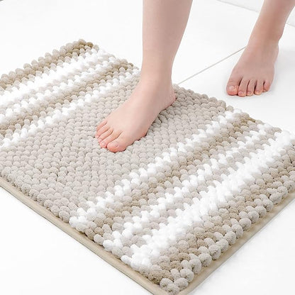 PiccoCasa Chenille Bathroom Rug, Soft Fluffy Absorbent Bath Mat, Medium Pile Striped Carpet Washable Non Slip Bathroom Floor Mats(17"x24",Khaki & White)