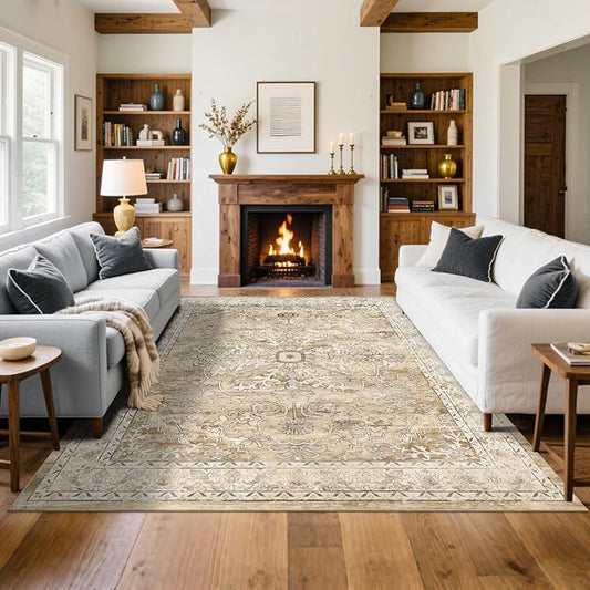 U'Artlines Boho Vintage Area Rug 8x10 Machine Washable Low Pile Soft Floor Carpet Non Slip Non Shedding Accent Rug for Living Room Bedroom Entryway Dining Room Office Cream Tan