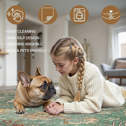 Bavni Runner Rug, Machine Washable Rugs for Bedroom 2x7, Non Slip Boho Rugs with Rubber Backing, Ultra-Thin Folable Rug Runner for Hallways Bathroom, Sage/Gold