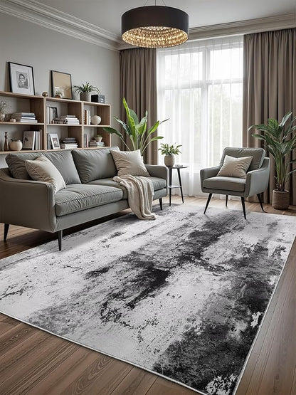 Washable Abstract Rug, 5x8 Modern Area Rugs with Non-Slip Rubber Backed for Living Room, Thin but Soft Contemporary Carpet Kitchen Bedroom Dining Room Decor, Black Grey