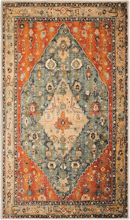 COMSLE Boho Area Rug, 3' x 5' Machine Washable Rugs for Entryway Faux Wool Large Rugs Distressed Throw Rug Non-Slip Floor Carpet for Indoor Bedroom Kitchen Living Room
