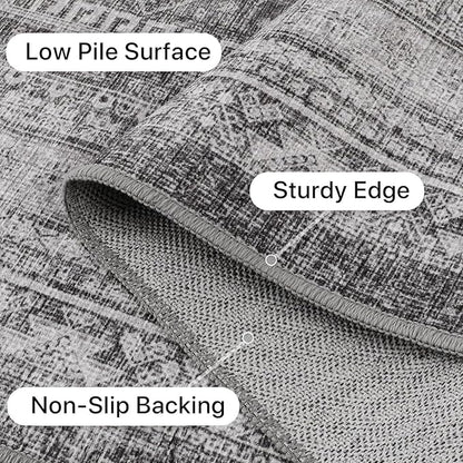 Bavni Runner Rug 2x5 Kitchen Rugs for Hallways Entryway, Washable Vintage Print Carpet, Low Pile Lightweight Rug with Non Slip Backing, Vintage Grey