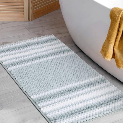 PiccoCasa Chenille Bathroom Rug, Soft Fluffy Absorbent Bath Mat, Medium Pile Striped Carpet Washable Non Slip Bathroom Floor Mats(17"x24",Light Blue & White)