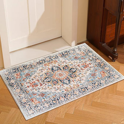 VK VK·LIVING Entryway Washable Rug 2'x3' Small Boho Bathroom Throw Area Rug Non Slip Doormat Indoor Front Door Machine Washable Carpet for Bathroom Kitchen Vintage (Blue Orange)