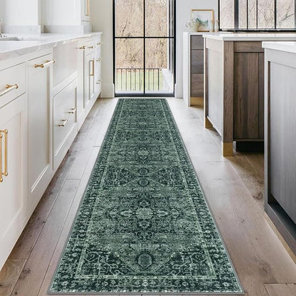 KOZYFLY Long Runners for Hallways 2x10 Ft Washable Kitchen Runner Rug Boho Style Entryway Rug Indoor Printed Faux Wool Stair Runner Carpet for Stairs Bedroom Kitchen Hall, Dark Green