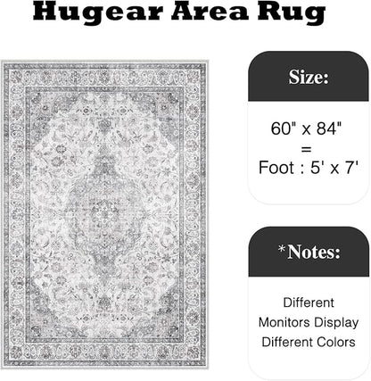 HUGEAR Area Rug 5x7 Vintage Grey Machine Washable Living Room Rugs Thin Neutral Floral Vacuumable Low Pile Carpet Bedroom Office Dining Room Laundry Room Non Slip Soft Lightweight