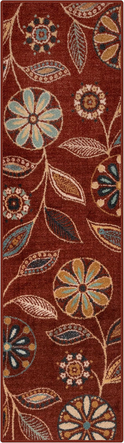 Maples Rugs Reggie Floral Runner Rug - Made in USA - Washable, Non Slip Indoor Carpet for Kitchen, Hallway, and Laundry Room, 2' x 7', Merlot