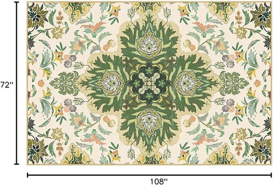 Phantoscope Washable Area Rug 6'x9' Non-Slip, Vintage Boho Rugs for Living Room, Bedroom, Dining Room, Neutral Green Floral Medallion Pattern, Low-Pile Foldable Floor Carpet, Forest Green/Cream