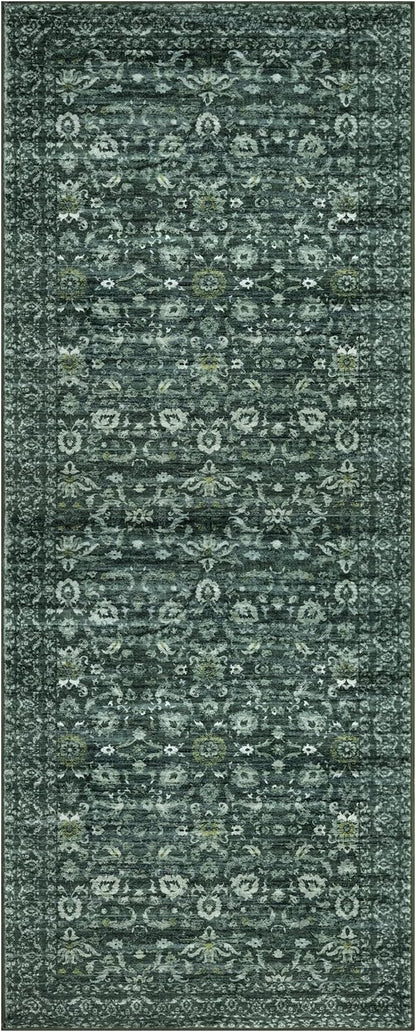 Runner Rug 2x10, Dark Green Washable Long Hallway Rug Runner Non-Slip Soft Kitchen Runner Thin Printed Faux Wool Super Soft Carpet for Entryway Bedroom Laundry Room Indoor