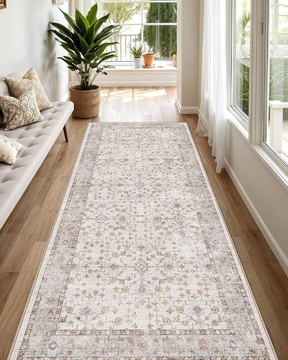 LUMI Runner Rug 3x10, Washable Non-Slip Hallway Throw Rugs, Long Soft Thin Vintage Oriental Kitchen Mats, Low-Pile Indoor Kitchen Entryway Area Rug, Beige