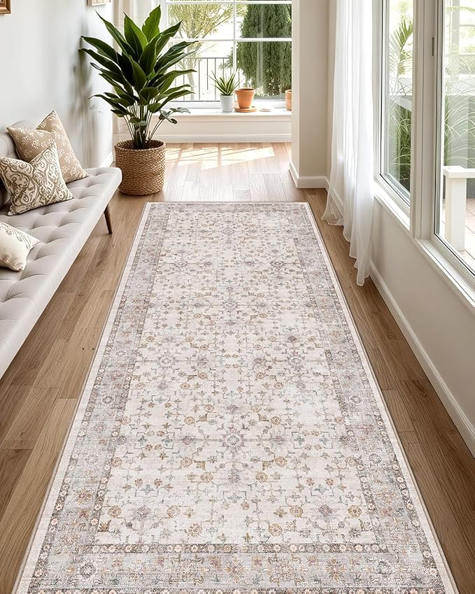 LUMI Runner Rug 3x8, Washable Non-Slip Hallway Throw Rugs, Long Soft Thin Vintage Oriental Kitchen Mats, Low-Pile Indoor Kitchen Entryway Area Rug, Beige