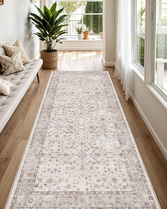LUMI Runner Rug 3x7, Washable Non-Slip Hallway Throw Rugs, Long Soft Thin Vintage Oriental Kitchen Mats, Low-Pile Indoor Kitchen Entryway Area Rug, Beige