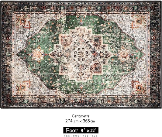 9x12 Area Rugs for Living Room Green Boho Washable Vintage Low Pile Non-Slip Large Carpet for Bedroom Dining Room