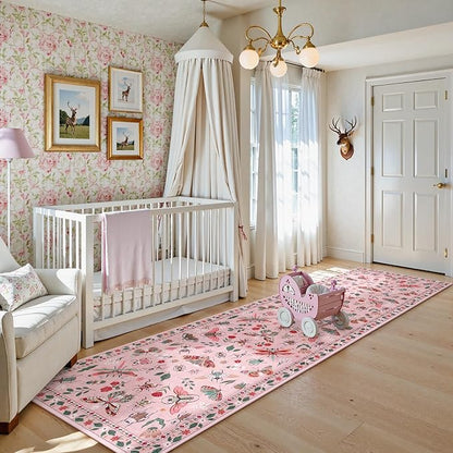 Lahome Insect Hallway Runner Rug, 2'5''x8' Ultra-Thin Washable Runners for Hallways Kitchen, Soft Laundry Room Rug Non-Slip Long Carpet for Entryway Bedroom Bathroom, Pink