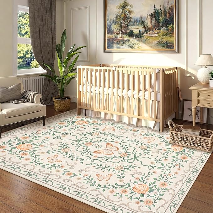 GarveeHome Beige Floral 9x12 Living Room Rugs Non Slip Washable Large Bedroom Throw Carpet Low Pile Butterfly Rug Soft Boho Bow and Flower Carpets for Nursery Home Decor, 9x12