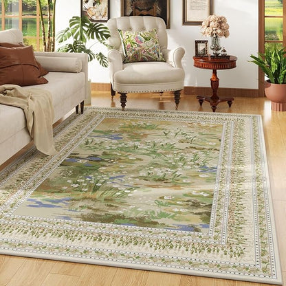 Rugcomf 6x9 Area Rugs Impressionist-Style Vintage Washable Rug Non Slip Low Pile Large Rug for Living Room Bedroom Farmhouse Dining Room Kids Playroom, Beige