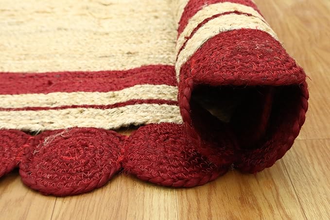 4x12 Oval Jute Runner – Handmade Boho Runner, Hand Braided Natural Jute, Solid Red Beige Flatweave, 0.27" Thick Oval Carpet for Entryway, Hallway, Corridor