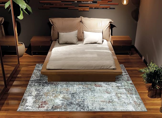 Bloom Rugs Washable Non-Slip 5' x 7' Rug - Gray/Red/Brown Modern Abstract Area Rug for Living Room, Bedroom, Dining Room, and Kitchen - Exact Size: 5' x 7'