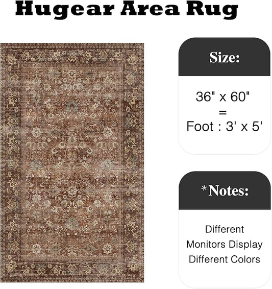 HUGEAR 3x5 Machine Washable Rugs Brick Red Hallway Area Rug Indoor Accent Rug Floral Low Pile Carpet Soft Throw Rug Bedroom Living Room Office Dining Room Kitchen Laundry Room Non Slip