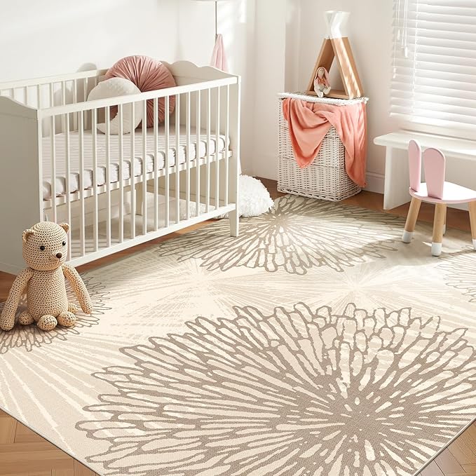 WITSHOCK 5x7 Area Rugs for Living Room: Beige Floral Washable Rugs for Bedroom Dining Room Office Nursery Modern Non-Slip Stain Resistant Low Pile Home Decor（Beige/Brown,5'x7'）