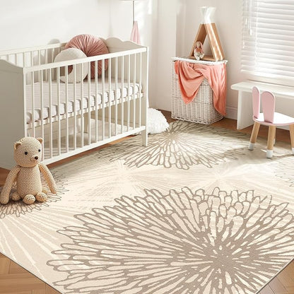 WITSHOCK 5x7 Area Rugs for Living Room: Beige Floral Washable Rugs for Bedroom Dining Room Office Nursery Modern Non-Slip Stain Resistant Low Pile Home Decor（Beige/Brown,5'x7'）