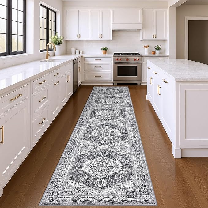 KOZYFLY Runners for Hallways 3x14 Ft Extra Long Washable Kitchen Thin Runner Rug Boho Runner Rug for Entryway Indoor Printed Faux Wool Stair Floor Carpet for Stair Kitchen Hall, Grey