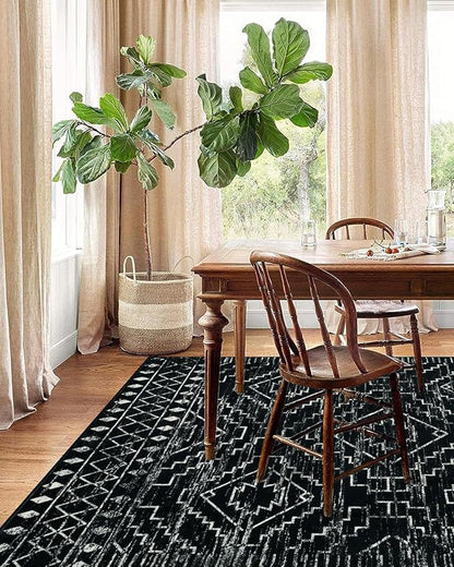 Wonnitar Moroccan 8x10 Area Rugs for Living Room, Washable Large Black Rug for Bedroom, Non-Slip Soft Thin Stain Resistant Boho Tribal Floor Carpet for Dining Guest Room Office (Black,8'x10')