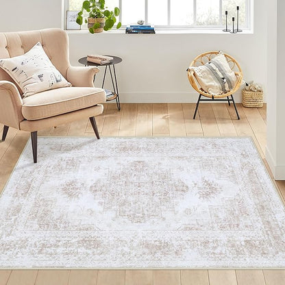 Bedroom Rug 3x5 Vintage Rugs, Machine Washable Small Area Rug Retro Medallion Distressed Rugs Non-Slip Soft Low Pile Throw Rug for Entryway Bedroom Bathroom Hallway Kitchen(Beige,3'x5')