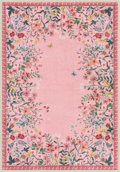 Wonnitar Washable Rug, 5x7 Pink Rugs for Living Room, Floral Print Non-Slip Area Rugs for Bedroom Girls, Soft Large Throw Carpet for Kids Nursery Room (Pink,5'x7')