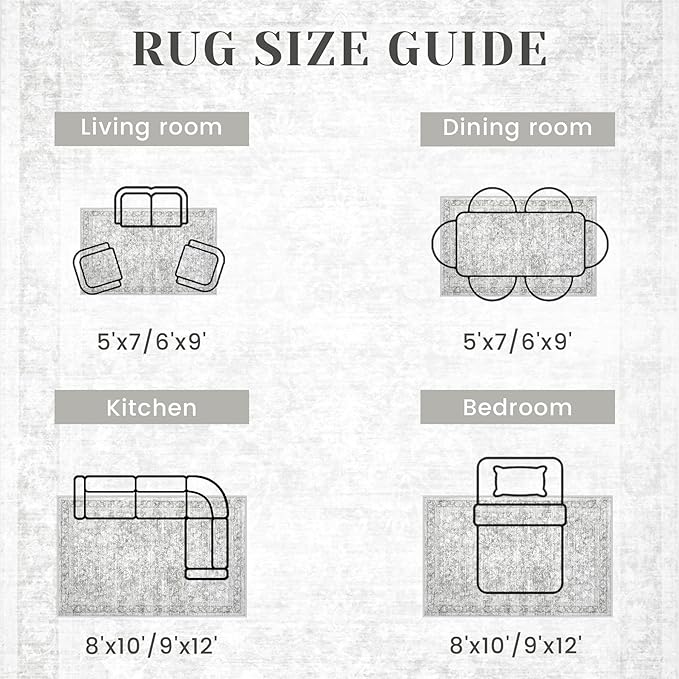 5x7 Area Rugs for Living Room: Washable Vintage Floral Rug Low Pile Non-Slip Boho Carpet for Bedroom Nursery Dining Room (Grey, 5'x7')