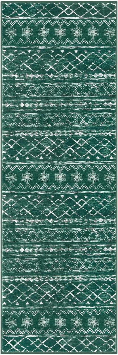 KUTA Christmas Washable Hallway Runner Rug, 2x6 Non-Slip Vintage Boho Rugs Kitchen Runners Green Ultra Soft Distressed Geometric Floor Carpet for Bedroom Laundry Living Room