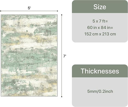 GENIMO Abstract Area Rug 5x7, Washable Modern Rug Non Slip, Low Pile Lightweight Soft Large Carpet for Living Room, Bedroom, Dining Room, Light Green