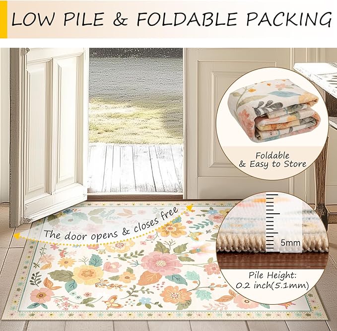 Floral 8ft Area Rug Machine Washable Soft Print Boho Carpet Non Slip Doormat Low Pile Flower Area Rugs for Living Room Bedroom Nursery Kitchen Dining Room Indoor-Beige/White/Orange