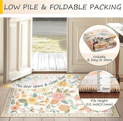 Floral 6ft Area Rug Machine Washable Soft Print Boho Carpet Non Slip Doormat Low Pile Flower Area Rugs for Living Room Bedroom Nursery Kitchen Dining Room Indoor-Beige/White/Orange