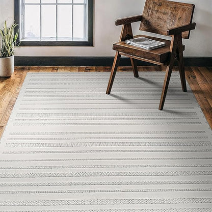CAMILSON Modern Rug 6x9 Luxury Striped Line Micro Loop Area Rugs Soft High-Low Pile Stain Resistant Easy to Clean Non-Shedding Durable Living Room Bedroom Indoor Carpet (White)
