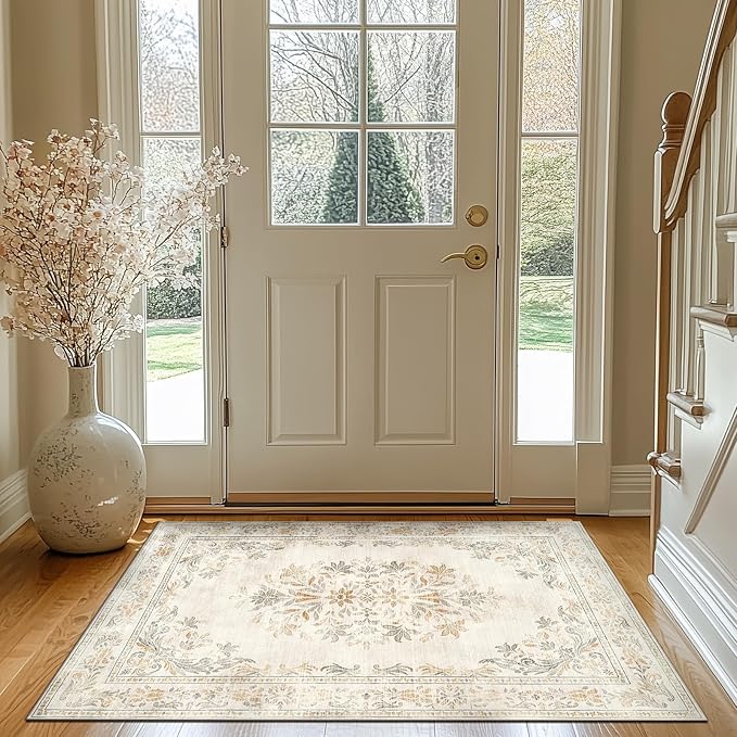 jinchan Vintage Floral 3x5 Area Rugs for Entryway - Machine Washable Distressed Design Ultra-Thin Low-Pile Soft Non-Shedding Carpet for Kitchen Bedroom Entrance Laundry Living Room (3x5ft, Light Grey)