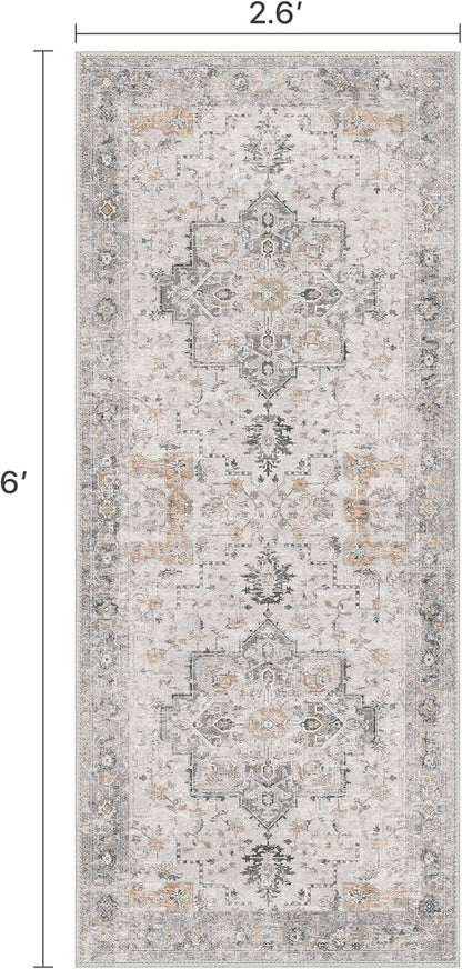 Runner Rug 2'6''x6 Non Slip Machine Washable Vintage Hallway Runner Rug, Low PileLight Weight Rugs for Entryway, Hallway, Kitchen and Corridor, Light Taupe Brown