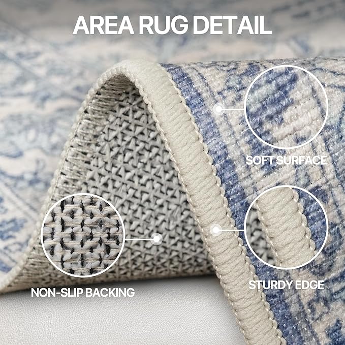 Bavni Vintage 8x10 Area Rugs, Boho Oriental Living Room Rug, Machine Washable Rug Non Slip, Distressed Print Indoor Large Blue Rugs, Low Pile Ultra-Thin Soft Carpet for Bedroom, Dining Room, Farmhouse