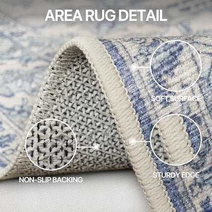 Bavni Vintage 8x10 Area Rugs, Boho Oriental Living Room Rug, Machine Washable Rug Non Slip, Distressed Print Indoor Large Blue Rugs, Low Pile Ultra-Thin Soft Carpet for Bedroom, Dining Room, Farmhouse