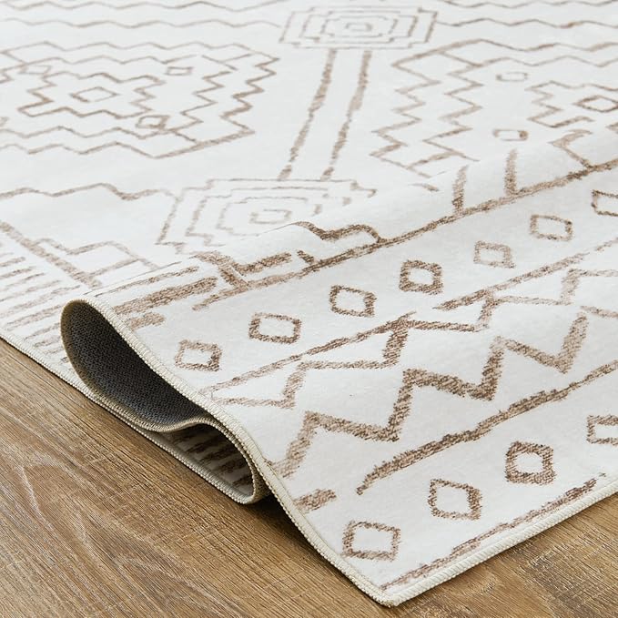 jinchan Moroccan 5x7 Area Rugs for Bedroom - Machine Washable Soft Modern Geometric Stain Resistant Non-Slip Ultra-Thin Low-Pile Faux Wool Carpet for Living Room Kitchen Dining Room (5x7ft, Taupe)