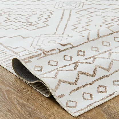 jinchan Moroccan 5x7 Area Rugs for Bedroom - Machine Washable Soft Modern Geometric Stain Resistant Non-Slip Ultra-Thin Low-Pile Faux Wool Carpet for Living Room Kitchen Dining Room (5x7ft, Taupe)