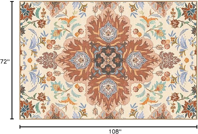 Phantoscope Washable Area Rug 6'x9' Non-Slip, Vintage Boho Rugs for Living Room, Bedroom, Dining Room, Fall Orange Floral Medallion Pattern, Low-Pile Foldable Floor Carpet, Rust/Multi Floral