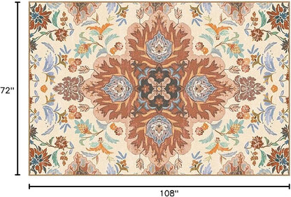 Phantoscope Washable Area Rug 6'x9' Non-Slip, Vintage Boho Rugs for Living Room, Bedroom, Dining Room, Fall Orange Floral Medallion Pattern, Low-Pile Foldable Floor Carpet, Rust/Multi Floral