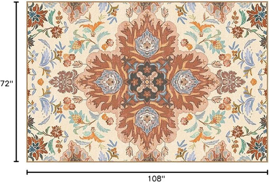 Phantoscope Washable Area Rug 6'x9' Non-Slip, Vintage Boho Rugs for Living Room, Bedroom, Dining Room, Fall Orange Floral Medallion Pattern, Low-Pile Foldable Floor Carpet, Rust/Multi Floral