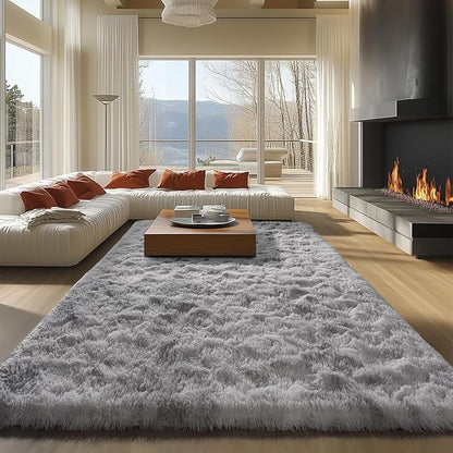 Zentavio Grey and White Area Rugs for Living Room Large Men Room Carpet 8x10 Bedroom Fluffy Furry Shag Aesthetic Plush High Pile Floor Rug for Kids Room Dorm Home Decor Tie-Dyed