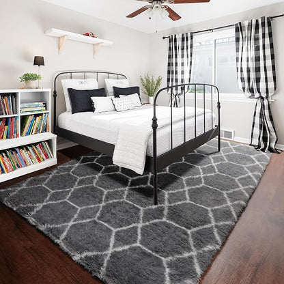 ONASAR Area Rugs for Living Room Bedroom, 5x8 Washable Fluffy Grey and White Rug, Geometric Boho Soft Plush Shaggy Fuzzy Floor Carpet for Nursery Kids Girls Boys Teen Dorm Home Decor Aesthetic