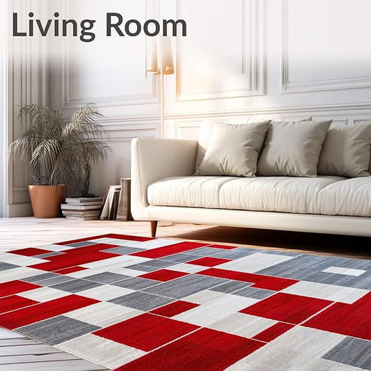 Flatwoven High Traffic Area Rug 8x10, Waterproof Patio with Anthracite Accents, Non Slip, Stain Resistant, Washable Area Rugs for Living Room, Bedroom (Red, 8x10)